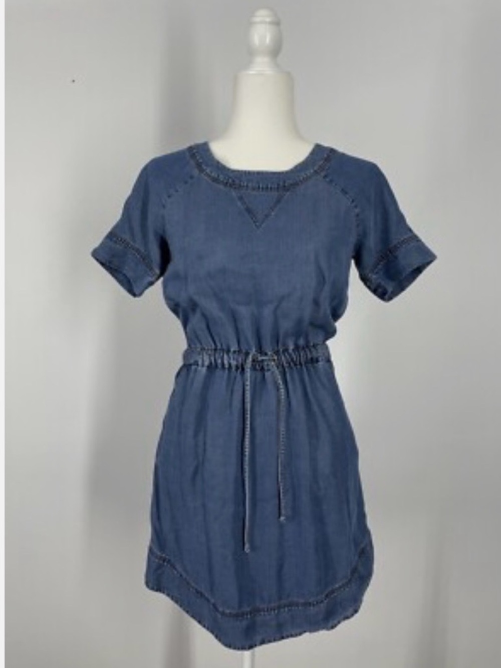 J Crew Tencel Washed Blue Drawstring Elastic Waist Short Sleeve Dress